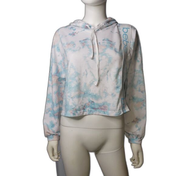 Bebe Hoodie Womens Medium Blue Pink Tie Dye Cropped Pullover Sweatshirt Logo - Picture 7 of 7